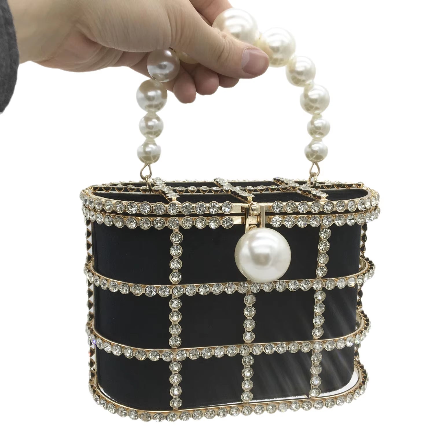 Pearl Top-Handle Women Evening Totes Bag Crystal Shoulder Bucket Handbags Weddingi Party Dinner Rhinestone Bag