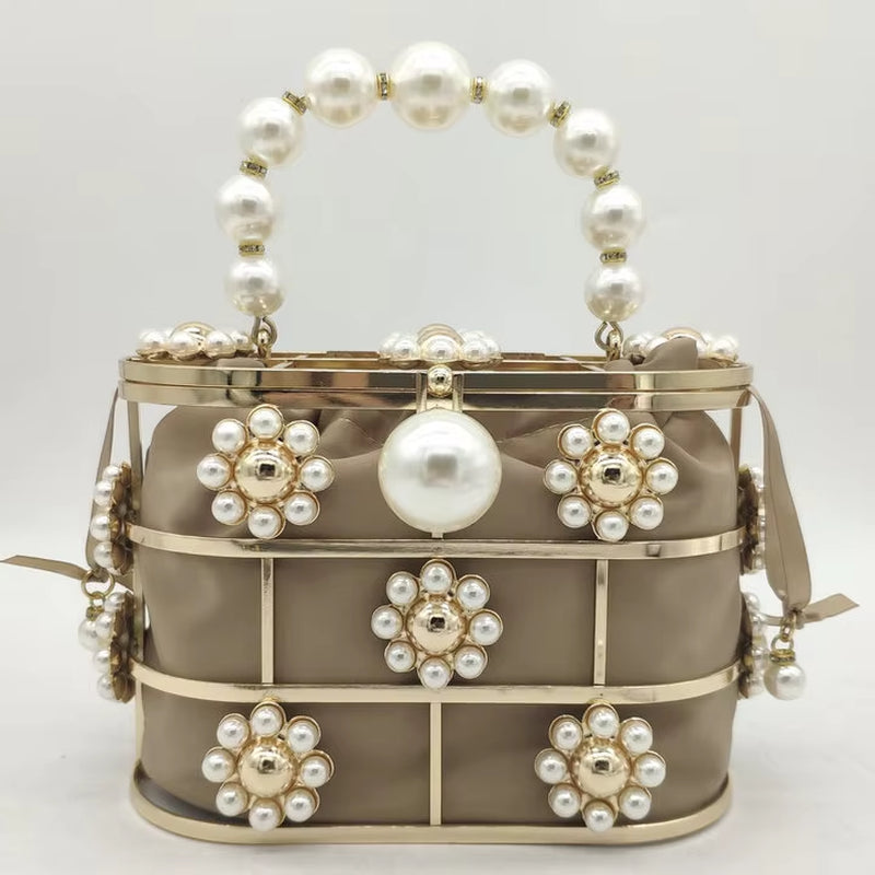 Pearl Top-Handle Women Evening Totes Bag Crystal Shoulder Bucket Handbags Weddingi Party Dinner Rhinestone Bag