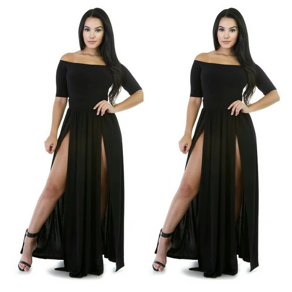 Women Sexy Slash Neck Maxi Dress Solid Color High Slit Formal Party Dress Fashion Slim Summer Dress Vestido De Mulher